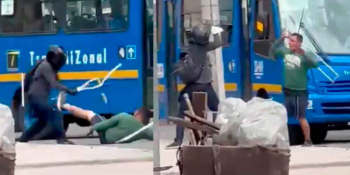 Motociclista y hombre en muletas sostienen reprobable pelea en Bogotá 