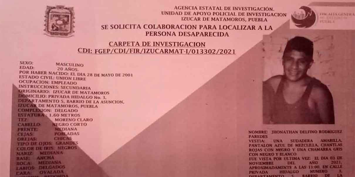 Se busca a Jonathan Delfino Rodríguez Paredes desaparecido en Izúcar