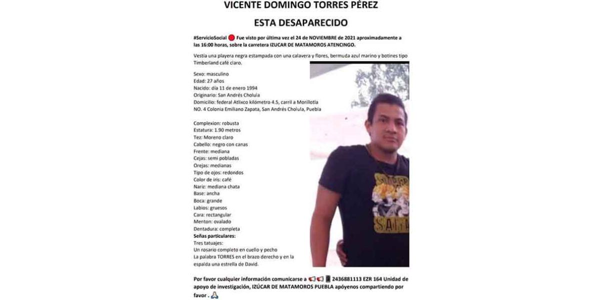 Se busca a Vicente Domingo Torres, desapareció en Izúcar de Matamoros